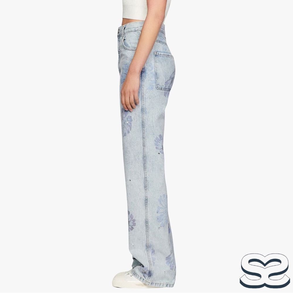 Sandro **NWT** Blossom Floral Print Rhinestone Straight Jeans in Blue Je… - Picture 3 of 15